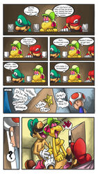 1girls 3boys anthro bittenhard blush breasts brown_hair closed_eyes color comic facial_hair female gangbang hat heart human indoors interspecies koopa koopa_troopa kylie_koopa luigi male mario mario_(series) mario_and_luigi_(series) mustache nintendo nipples no_visible_genitalia nude open_mouth sex smile straight straight_hair threesome toad_(mario) tongue tongue_out voyeur