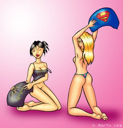 00s 2000s 2008 2girls asian ass batgirl batgirl_(cassandra_cain) batman_(series) batman_symbol black_hair blonde_hair blue_eyes brown_eyes cassandra_cain cleavage dc dc_comics female female_only human kara_zor-el kryptonian long_hair multiple_girls panties pillow_fight supergirl superman_(series) thong topless wink