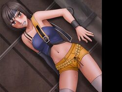 1girls blush brown_eyes brown_hair crimson_comics dirge_of_cerberus_final_fantasy_vii dutch_angle female female_only final_fantasy final_fantasy_vii gloves headband human midriff ninja short_hair shorts solo straight_hair sweat thighhighs yuffie_kisaragi