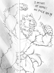 2018 absurd_res anthro biceps canine chest_tuft digital_media_(artwork) fur hi_res kemono male male_only mammal muscular muscular_male pecs penis shower sketch text tuft tupidwithouts wolf