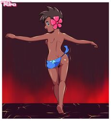 1girls armpits ass back big_ass blue_eyes bracelet breasts brown_hair dancing dark-skinned_female dark_skin elite_four eyelashes feet female_only flower hair_ornament human human_only looking_at_viewer looking_back mostly_nude motion_lines nintendo no_panties open_mouth pepipopo phoebe_(pokemon) pokemon pokemon_rse red_background short_hair sideboob skirt smile soles spread_arms standing text topless watermark