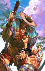 3boys abs alternate_costume bara beach blizzard_entertainment blush body_hair brothers cole_cassidy dreadful_alibi drooling erection facial_hair fellatio gay gay_sex genji hanzo_shimada lifeguard_cassidy male_only multiple_boys muscle outdoors overwatch penis popsicle public saliva straw_hat sucking summer sweat tattoo testicles water yaoi