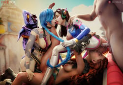 1boy 3d 3girls absurdres aloy anal anal_sex anus areolae ass bisexual bisexual_female blender blizzard_entertainment bodysuit breasts breasts_out clothed_sex crossover cunnilingus d.va erection female female_human fireboxstudio foursome hana_song highres horizon_zero_dawn human human_male jinx_(league_of_legends) kissing kissing_while_penetrated league_of_legends light-skinned_female male multiple_girls naked_boots naked_footwear nipples nude oral overwatch patreon_username penetration penis pussy sex sex_from_behind straight tumblr_username unseen_male_face