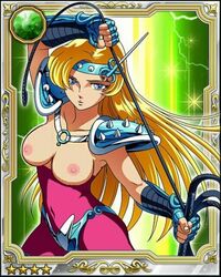 adapted_costume areolae blonde_hair blue_eyes breasts casual_exposure chameleon_june female gauntlets large_breasts long_hair looking_at_viewer navel nipples photoshop saint_seiya shoulder_armor tiara topless whip