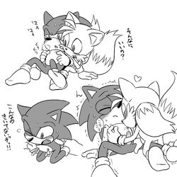 2009 anus blush clothing exposed_torso footwear gloves handwear heart humanoid karlo legwear licking male monochrome nipple_lick nipples penis socks sonic_(series) sonic_the_hedgehog sweat tails tongue tongue_out yaoi