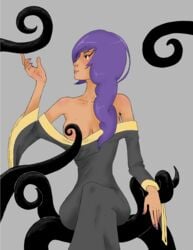 big_breasts blush breasts clothes consensual_tentacles dark_skin fully_clothed grin pandora pandora_(umbral_soul) purple_hair red_eyes tentacle tentacle_sex umbral_soul