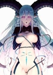 +_+ 1girls braid chains commentary_request fate/grand_order fate_(series) female highres horns long_hair looking_at_viewer navel nipples open_mouth pointy_ears pussy reroi solo tattoo thick_eyebrows tiamat_(fate) white_background