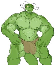 1boy abs andealmighty anthro argonian big_bulge bulge clothing flexing green_scales hand_on_hip horn huge_muscles looking_at_viewer male male_focus male_only muscular muscular_male nipples pecs penis_outline scales scalie simple_background solo spines spreading standing the_elder_scrolls underwear video_games white_background yellow_eyes