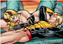 blonde_hair closed_eyes cypher_(new_mutants) darkchilde demon_girl elbow_gloves erection fellatio gloves horns latex latex_gloves leandro_comics magik_(illyana_rasputin) marvel marvel_comics no_pants oral oral_sex penis penis_grab red_horns x-men