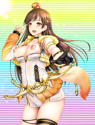 blush breasts brown_eyes brown_hair choker crown detached_sleeves female fur_trim gloves green_eyes highres idolmaster idolmaster_cinderella_girls idolmaster_cinderella_girls_starlight_stage long_hair looking_at_viewer medium_breasts mini_crown nipples nitta_minami open_mouth otone party_time_gold single_glove solo striped striped_background