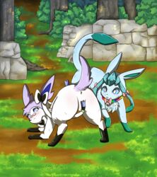 1girls 2018 alternate_color ambiguous_gender anus ass bent_over blue_fur blush bow canine clothing digital_media_(artwork) duo eeveelution eyewear female feral fur furry girly glaceon glacey glasses hair hi_res iris_the_sylveon looking_back mammal nintendo open_mouth original_character outside pokémon_(species) pokemon pokemon_dppt pokemon_xy presenting presenting_hindquarters pussy raveneevee ribbon simple_background sylveon video_games