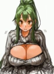 animated blush breasts cleavage cleavage_cutout female golden_eyes green_hair huge_breasts hybrid_animation long_hair long_sleeves looking_at_viewer meme_attire motion_lines open-chest_sweater original ponytail ribbed_sweater sachito shaking_breasts sidelocks simple_background solo stroke_(animator) sumi-chan_(sachito) sweater third-party_edit tied_hair turtleneck white_background yellow_eyes