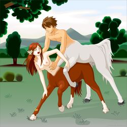 blush breasts brown_hair centaur closed_eyes duo equine equine_taur erection female flower from_behind_position fur hair hair_flower hooves long_hair male mammal monster_girl_(genre) nipples nude open_mouth penis phantom_inker plant red_hair rob_(phantom_inker) sex split_form straight taur taur_on_taur white_fur