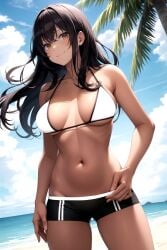 1girl ai-created ai_generated bangs bare_arms bare_shoulders beach bikini black_hair black_shorts blue_sky blush breasts breasts_apart brown_eyes clavicle cleavage closed_mouth clothing cloud cloudy_sky dark-skinned_female dark_skin day female female_only floating_hair hand_on_hip hand_on_own_hip high_resolution horizon large_breasts long_hair looking_at_viewer medium_breasts midriff navel ocean original outdoors palm_tree portrait rena_aikawa_(pixiv_user) sand short_shorts shorts sidelocks sky smile solo standing stomach sunlight swimsuit tagme thigh_gap thighs tree water white_bikini white_swimsuit