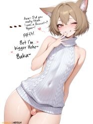 1boy 2025 ai_generated anime anime_style arisua artist_name bangs belly_button blush breath brown_eyes brown_hair caption cat_ears catboy cleavage cleavage_cutout clothed crossdressing felix_argyle femboy feminine_male high_quality high_resolution highres horny looking_at_viewer male male_only onomatopoeia otoko_no_ko patreon patreon_username re:zero_kara_hajimeru_isekai_seikatsu small_penis smirk solo solo_focus story teasing thick_thighs thighs trap uncensored virgin_killer_sweater watermark wink