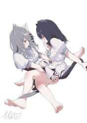 2girls animal_ears barefoot black_hair bow bowtie cat_ears cat_girl cat_tail commentary_request dress feet female finger_to_mouth grey_bow grey_bowtie grey_eyes grey_hair hand_on_another's_thigh highres long_hair multiple_girls open_mouth original puffy_short_sleeves puffy_sleeves saki_chisuzu school_uniform short_sleeves simple_background smile soles sweat tail toes white_background white_dress yuri