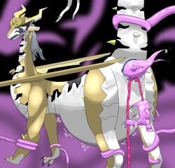 animal_genitalia belly big_belly birth birthing_tentacles blue_cloaca blue_mouth blush cloaca concorde(artist) cygames dragon european_mythology female feral forked_tail genitals grey_hair hair hi_res horn multicolored_body mythological_creature mythological_scalie mythology pregnant rams_(world_flipper) restrained restrained_by_tentacles scalie solo spikes spikes_(anatomy) tail tentacle tentacle_creature tentacle_pregnancy umbilical_cord unusual_anatomy unusual_tail western_dragon white_body wings world_flipper yellow_body