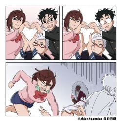 1boy 2girls 3koma angry ayase_momo ayase_seiko comic dandadan funny gilf glasses heart_hands ok_bah_comics penis_symbol smile smirk takakura_ken_(okarun) under-rim_eyewear