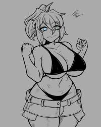 1girls big_ass big_breasts big_butt big_thighs bikini blue_eyes blush breasts breasts_bigger_than_head chubby clothing curvy curvy_female curvy_figure el_diario_de_jonathan female female_focus green_eyes heterochromia jayden_murtons light_smile looking_at_viewer massive_breasts nipple_bulge panties petina petoart ponytail short_hair short_shorts smile solo solo_female standing sweat thick_ass thick_thighs