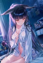 ai_generated almost_naked bedroom black_hair bottomless embarrassed_female hoshimi_miyabi raaicave wolf_ears zenless_zone_zero