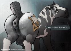 animal_genitalia animal_penis anus ass backsack balls big_anus big_balls big_butt bodily_fluids equid equine equine_anus equine_genitalia equine_penis feral fur genitals grey_body grey_fur hi_res huge_anus looking_at_viewer looking_back male male_only mammal manahallowhound markings multicolored_body multicolored_fur occult_symbol penis puffy_anus rear_view short_tail sigil solo solo_male sweat sweaty_butt symbol tail thick_thighs two_tone_body two_tone_fur white_body white_fur