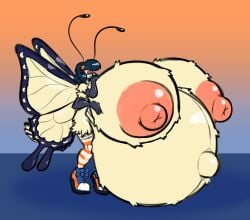 2025 accessory antennae_(anatomy) anthro areola arthropod belly big_areola big_belly big_nipples black_hair blue_eyes breasts butterfly clothing eyewear female flower flower_in_hair fluffy_body footwear glasses gradient_background hair hair_accessory hi_res huge_areola huge_belly huge_nipples hyper hyper_areola hyper_belly hyper_nipples hyper_pregnancy insect_wings insects legwear lepidopteran lepidopteran_wings multi_limb navel nipples non-mammal_breasts outie_navel pattern_clothing pattern_legwear pattern_stockings pink_nipples plant pregnant pregnant_female puffy_nipples shoes simple_background solo sprucy stockings striped_clothing striped_legwear striped_stockings stripes wings yellow_body