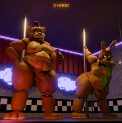 2025 3_toes 3d_(artwork) 4_fingers animatronic anthro ass bear belly big_butt black_nose blue_eyes bow_tie clothing digital_media_(artwork) duo electronics english_description erection feet fingers five_nights_at_freddy's fredbear_(fnaf) fur genitals green_eyes hand_on_hip hat headgear headwear hi_res holding_microphone holding_object humanoid_genitalia humanoid_penis lagomorph leporid long_ears machine male mammal microphone moobs overweight overweight_anthro overweight_male penis pole purple_clothing purple_hat purple_headwear rabbit robot scottgames small_penis spring_bonnie_(fnaf) standing thick_thighs toes yellow_body yellow_fur z_hado