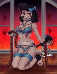 2018 anthro black_fur black_hair black_nose blood bow bra brown_eyes canine clothing female fur gore guts hair handprint knife legwear looking_at_viewer lunarii mammal poodle princess_(nicoya) severed_hand smile solo stockings underwear window zyira