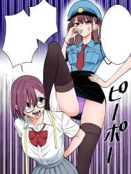 2.5_jigen_no_ririsa amano_ririsa arms_behind_back bare_arms bare_shoulders big_breasts blue_eyes breasts brown_eyes brown_hair drooling foot_on_back glasses hashimoto_yuu long_hair long_legs manga official_art open_mouth panties pantyshot police_hat police_uniform policewoman purple_hair purple_panties school_uniform short_hair short_sleeves skirt tachibana_mikari thighhighs twintails whistle whistling zettai_ryouiki