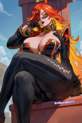 ai_generated breasts crossed_legs evilkuro05 female genshin_impact hoyoverse massive_breasts mavuika_(genshin_impact) seductive_look seductive_smile sitting thick_legs throne