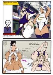 1boy 2girls blonde_hair bunny_ears comic female fucked_from_behind horns larger_female male minoru_mineta miruko mount_lady muscular my_hero_academia rathart sex small_dom_big_sub smaller_male tagme two_females white_hair
