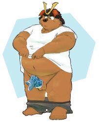 0ottotto0 2025 anthro balls bear belly brown_body brown_nose clothing erection erection_under_clothing genitals hat headgear headwear hi_res kemono male mammal navel overweight overweight_male shirt simple_background solo solo_male topwear