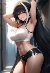 abs ai_generated armpit_hair armpits athletic_female azur_lane blue_eyes breasts choker deutschland_(azur_lane) female long_hair medium_breasts multicolored_hair short_shorts smile street tank_top