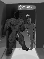 2boys apzapuru bulge_through_clothing elevator erection gay human humanoid imminent_sex indoors male male/male male_only monster muscular muscular_male penis size_difference smaller_male standing