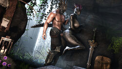 3d anthro argonian armor ass breasts clothed clothed_male_nude_female clothing duo feathers female forest helmet horn large_breasts leg_up lizard_girl looking_back male muetank nature nipples nude nude_female one_leg_up open_mouth outside penetration penis reptile_humanoid scalie sex skyrim source_filmmaker standing straight the_elder_scrolls topless tree vaginal_penetration video_games water waterfall