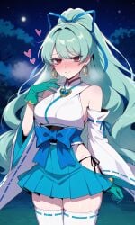 ai_generated bare_shoulders blush breasts creamy_ai detached_sleeves earrings female gloves green_hair gushing_over_magical_girls hair_ribbon la_verita lakeside large_breasts magia_azul magia_azul_la_verita_form mahou_shoujo_ni_akogarete masochist minakami_sayo miniskirt night random red_eyes shrine_maiden starry_night stockings sweat teal_hair thick_thighs thong trees valkris9 waist_bow wide_hips