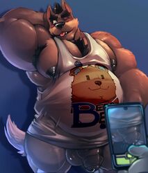 anthro balls bottomless butch_(cursedmarked) canine clothed clothing cursedmarked flaccid genital_piercing humanoid_penis male male_only mammal musclegut muscular muscular_male pecs penis penis_piercing phone piercing prince_albert_piercing shirt solo_focus tank_top thick_penis tongue tongue_out uncut