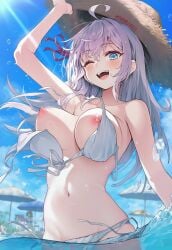 ai_generated alisa_mikhailovna_kujou big_breasts bikini_top_removed happy_female nipples one_eye_closed raaicave sky_background tokidoki_bosotto_russian_de_dereru_tonari_no_alya-san umbrella