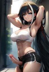 abs ai_generated armpit_hair armpits athletic_futa athletic_futanari azur_lane balls_under_clothes black_hair blue_eyes breasts choker deutschland_(azur_lane) dripping_cum futanari intersex large_breasts long_hair multicolored_hair penis penis_out pubic_hair short_shorts shorts smiling streaked_hair tank_top
