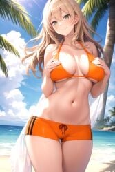 1girl ai-created ai_generated bangs bare_arms bare_shoulders beach bikini blonde_hair blue_sky blush breasts brown_hair clavicle cleavage closed_mouth clothing cloud cloudy_sky day earrings female female_only green_eyes hair_between_eyes halterneck hands_on_own_chest high_resolution horizon jewelry large_breasts light_brown_hair long_hair looking_at_viewer midriff navel ocean orange_bikini orange_shorts orange_swimsuit original outdoors palm_leaf palm_tree portrait rena_aikawa_(pixiv_user) sand shore short_shorts shorts skindentation sky smile solo standing stomach summer sunlight swimsuit tagme thighs tree water