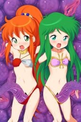 2girls armor armpits arms_up ayanokouji_rem bar_censor bare_shoulders between_thighs bikini bikini_armor bikini_pull blush cameltoe caron_(rall) censored clothes_pull commission commissioner_upload consensual_tentacles cream_lemon crossover dream_hunter_rem fugetsu_taku green_eyes green_hair grinding groin highres long_hair monster multicolored_bikini multiple_girls navel open_mouth orange_hair pink_bikini ponytail pussy rape red_bikini restrained sf_choujigen_densetsu_rall shoulder_armor side-tie_bikini_bottom skeb_commission stomach sweat swimsuit tentacle tentacle_between_legs thighs trait_connection two-tone_bikini