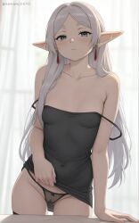 1girls ai_generated anhanger10 breasts dress dress_pull female frieren green_eyes pointy_ears see-through_panties small_breasts solo sousou_no_frieren white_hair