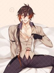 blush cock cock_slip cum cumming earrings genshin_impact gloves jianrousus looking_away male_only ponytail pulling_tie rourouki tie zhongli_(genshin_impact)