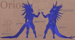 2017 anthro ass blue_feathers blue_skin claws dragon english_text feathered_dragon feathers front_view horn male model_sheet nipples orion_(pheel) penis pheel plantigrade rear_view simple_background smile solo text textured_background