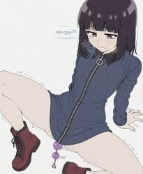 ai_assisted anal anal_beads anal_object_insertion arm_support bangs black_hair blue_sweater blunt_bangs blush boots bottomless call_of_the_night closed_mouth female femboy feminization grey_background grey_eyes jacket long_sleeves medium_hair object_insertion otoko_no_ko red_footwear sex_toy short_hair simple_background sitting solo sondu spread_legs suzushiro_hatsuka sweat sweater trembling twink white_background yofukashi_no_uta zipper zipper_pull_tab