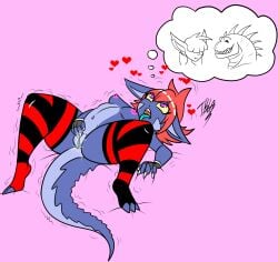 anthro blue_body clothing dragon female genitals hair heart_symbol hi_res legwear masturbation mythological_creature mythological_scalie mythology purple_eyes pussy red_hair scalie solo star_(tibbs) stockings tail thinking thought_bubble tibbs