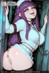 after_sex after_vaginal ai_generated anus ass bangs belt blunt_bangs blush breast_press breasts cum cum_in_pussy cum_on_ass cumdrip dollmaker dress eyebrows_visible_through_hair female hat large_breasts long_hair looking_at_viewer lying mole nurse nurse_cap one_eye_closed open_door open_mouth purple_eyes purple_hair pussy skindentation smile solo syringe tagme thighhighs tongue tongue_out very_long_hair