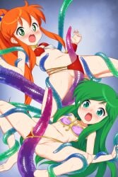 2girls armor arms_up ayanokouji_rem barefoot bikini bikini_armor bikini_pull blush breasts caron_(rall) clothes_pull commentary_request commission commissioner_upload crossover dream_hunter_rem feet fugetsu_taku green_eyes green_hair grinding highres legs long_hair multiple_girls navel open_mouth orange_hair pink_bikini ponytail pussy rape red_bikini restrained sf_choujigen_densetsu_rall skeb_commission small_breasts spread_legs stomach swimsuit tentacle tentacles_under_clothes thighs toes translucent