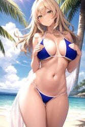 1girl ai-created ai_generated bangs bare_arms bare_shoulders beach bikini blonde_hair blue_bikini blue_sky blue_swimsuit blush breasts clavicle cleavage closed_mouth clothing cloud day female female_only gluteal_fold green_eyes hair_between_eyes halterneck high_resolution horizon large_breasts long_hair looking_at_viewer navel ocean original outdoors palm_tree portrait rena_aikawa_(pixiv_user) sand see-through skindentation sky smile solo standing stomach string_bikini sunlight swimsuit tagme thighs tree water