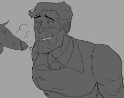 bara big_pecs blush bukkake cum_in_mouth cum_on_face gay grin large_pecs medic_(team_fortress_2) monochrome no_glasses offscreen_character offscreen_male old_man older_male older_man shpendix sweat team_fortress_2 tied_up yaoi